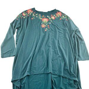Umgee‎ Womens Embroidered Floral Tunic Top M Rayon/Spandex Teal